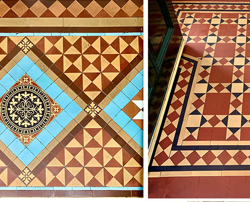 Professionally cleaned Victorian geometric and encaustic floor tiles following specialist conservation cleaning in Scotland.