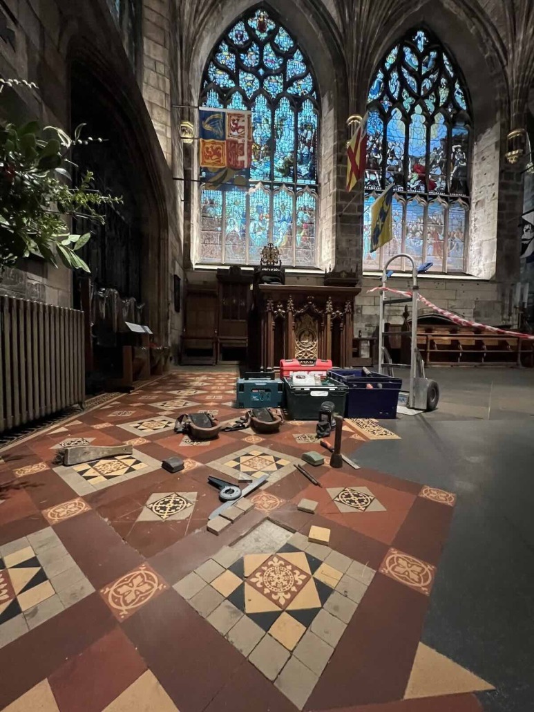 Historic Victorian floor tile conservation and repair in the Preston Aisle at St Giles’ Cathedral, Edinburgh.